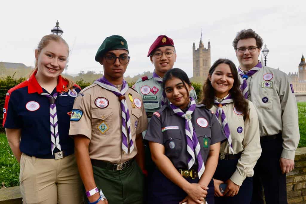 Jenny Riley from Scouts Australia NSW with Scouts from Singapore, India, Trinidad and Tobago at the Coronation of Kings Charles III in the UK